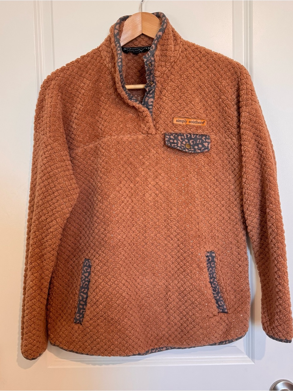 Women’s Simply Southern Rust 1/4 Zip Fleece Pullover Sweater Leopard Trim Sz Med